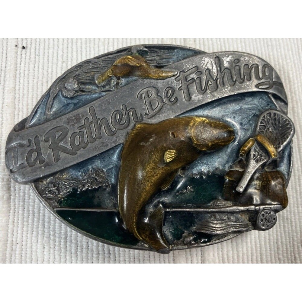 Vintage 1985 Siskiyou Buckle Co- I'd Rather Be Fishing Silver Belt Buckle